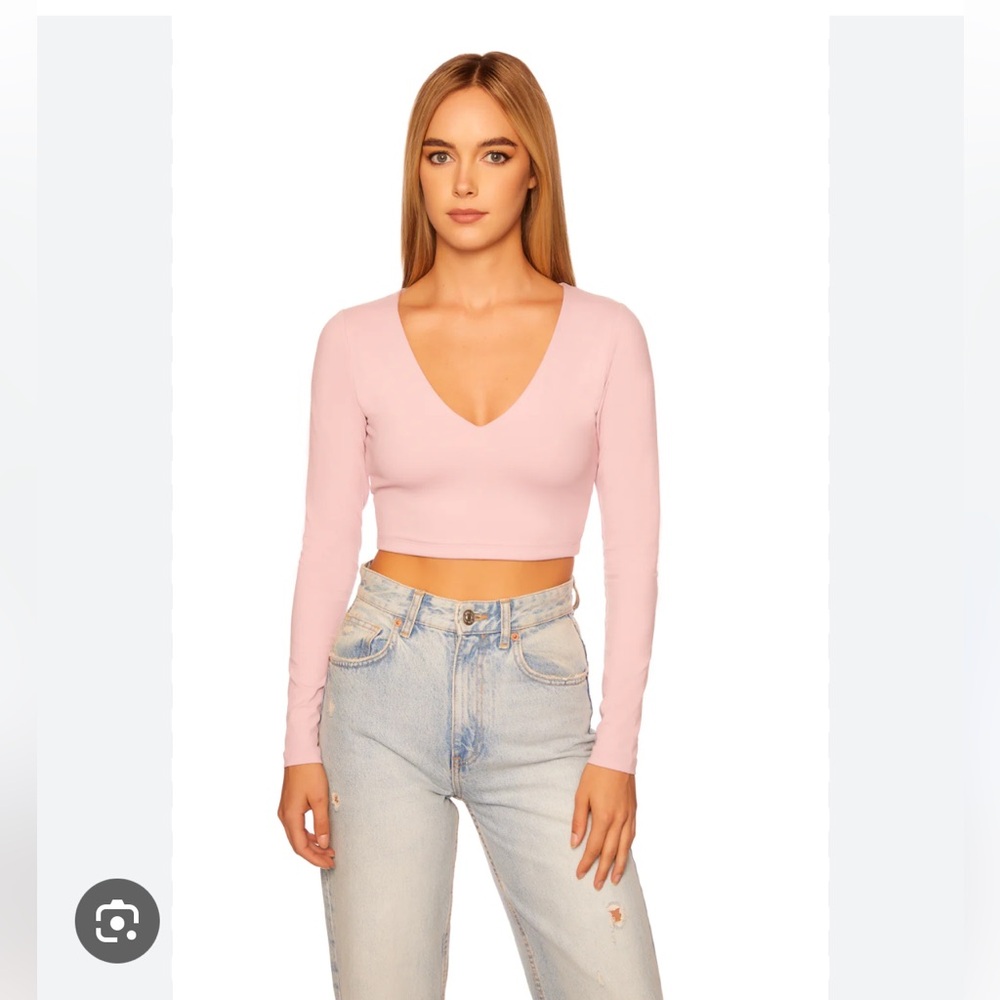 Aritzia Pink V Neck Long Sleeve Crop Top